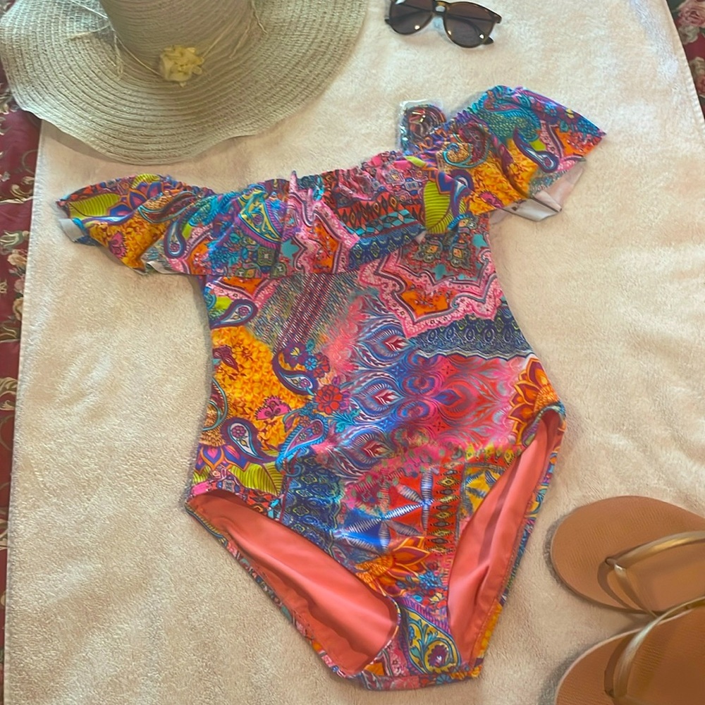 Blue Rod Beattie Paisley Print Off Shoulder One Piece Swimsuit, NWT, Sz 8
